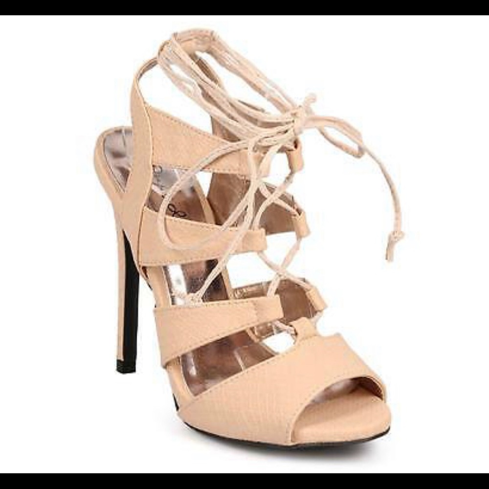 Qupid nude snake skin lace up heel